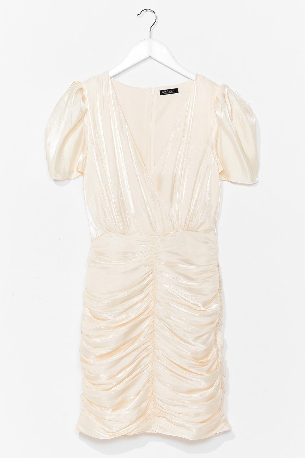 Beige Satin Pleated Ruched Mini Dress image number 1