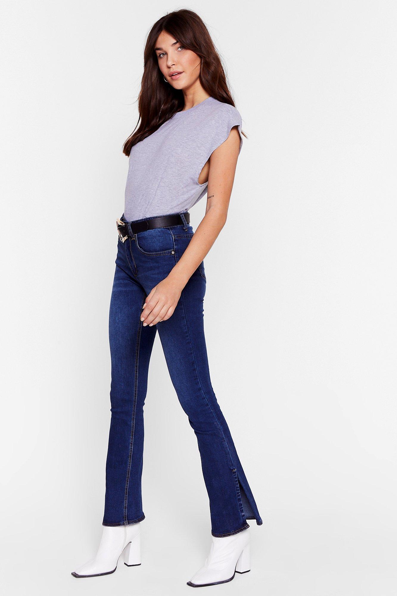 Petite Fringed Low Rise Flared Denim Jeans