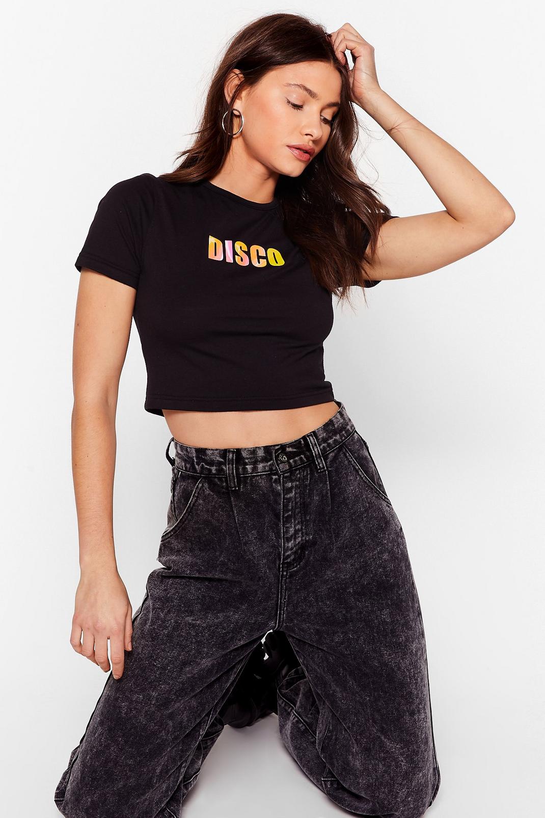 Black It's Disco Night Iridescent Cropped Graphic Tee image number 1