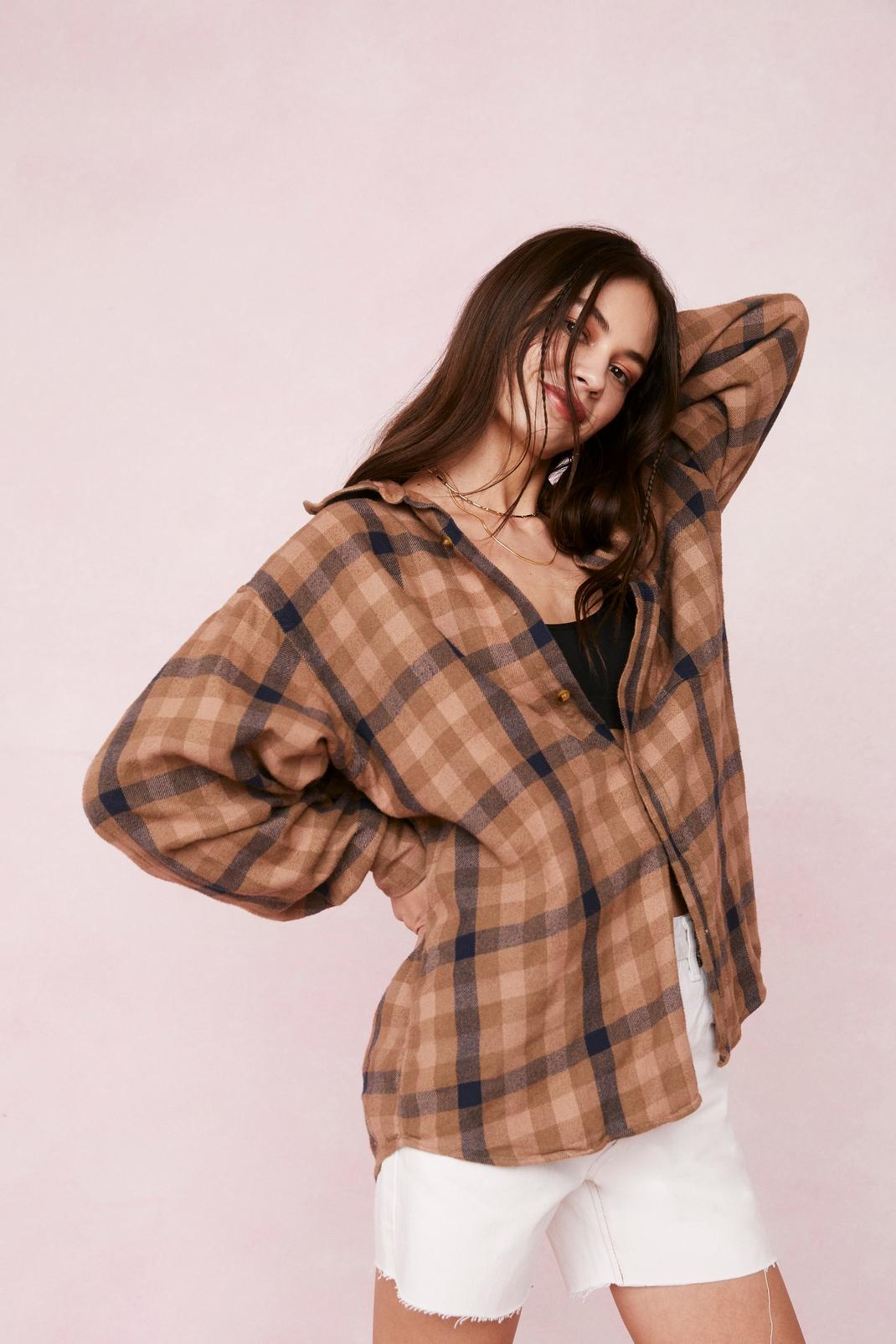 Biscuit Vintage Check Print Oversized Button Down Shirt image number 1