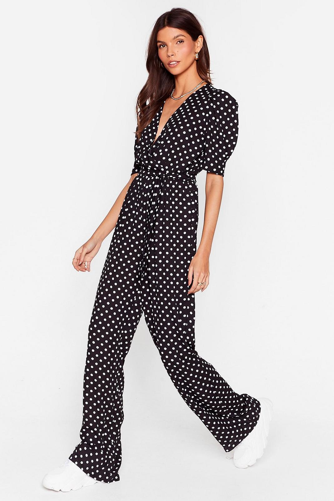 Black It's Dot Over Puff Sleeve Wide-Leg Jumpsuit image number 1