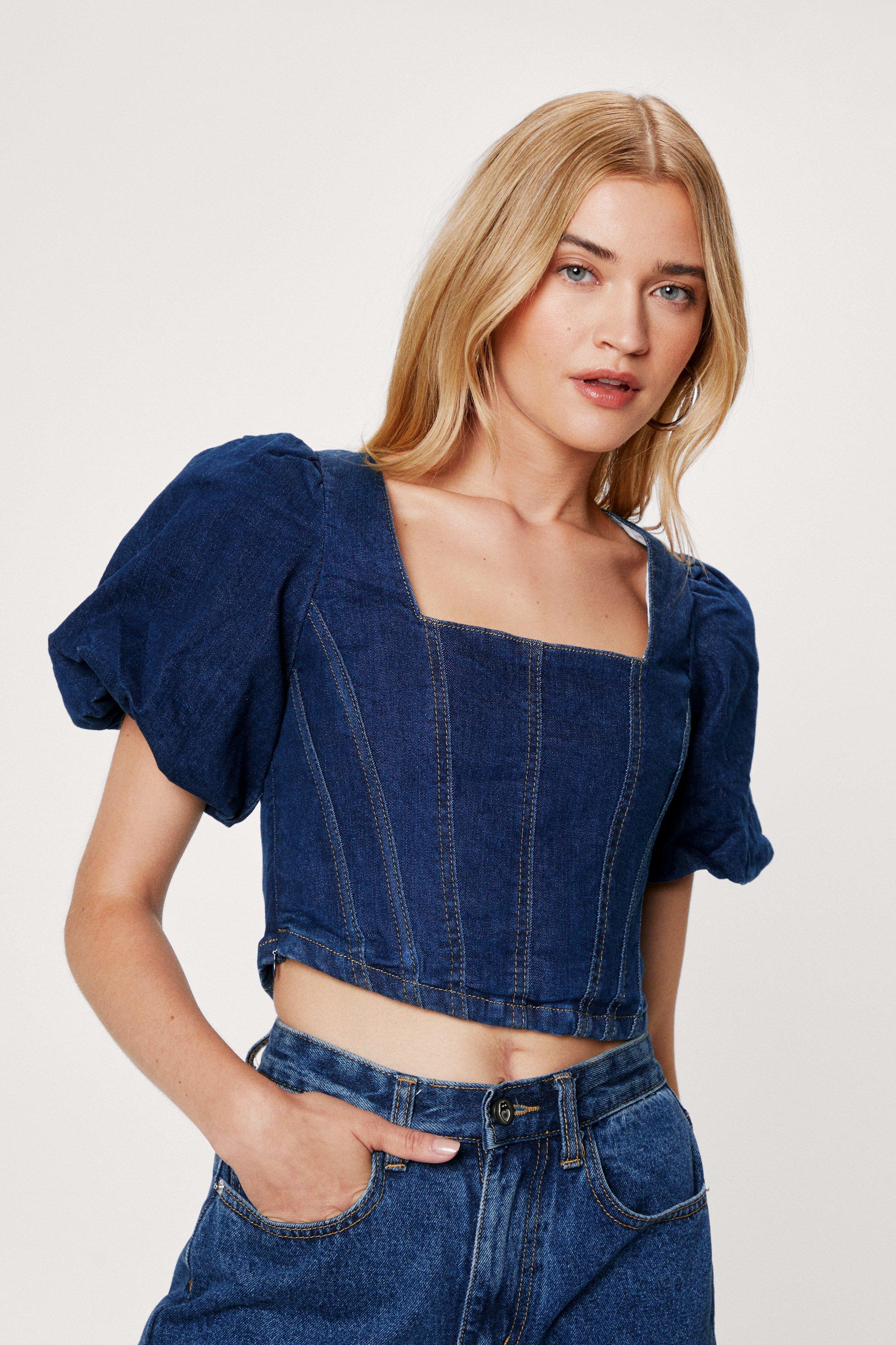 Puff Sleeve Denim Corset Top