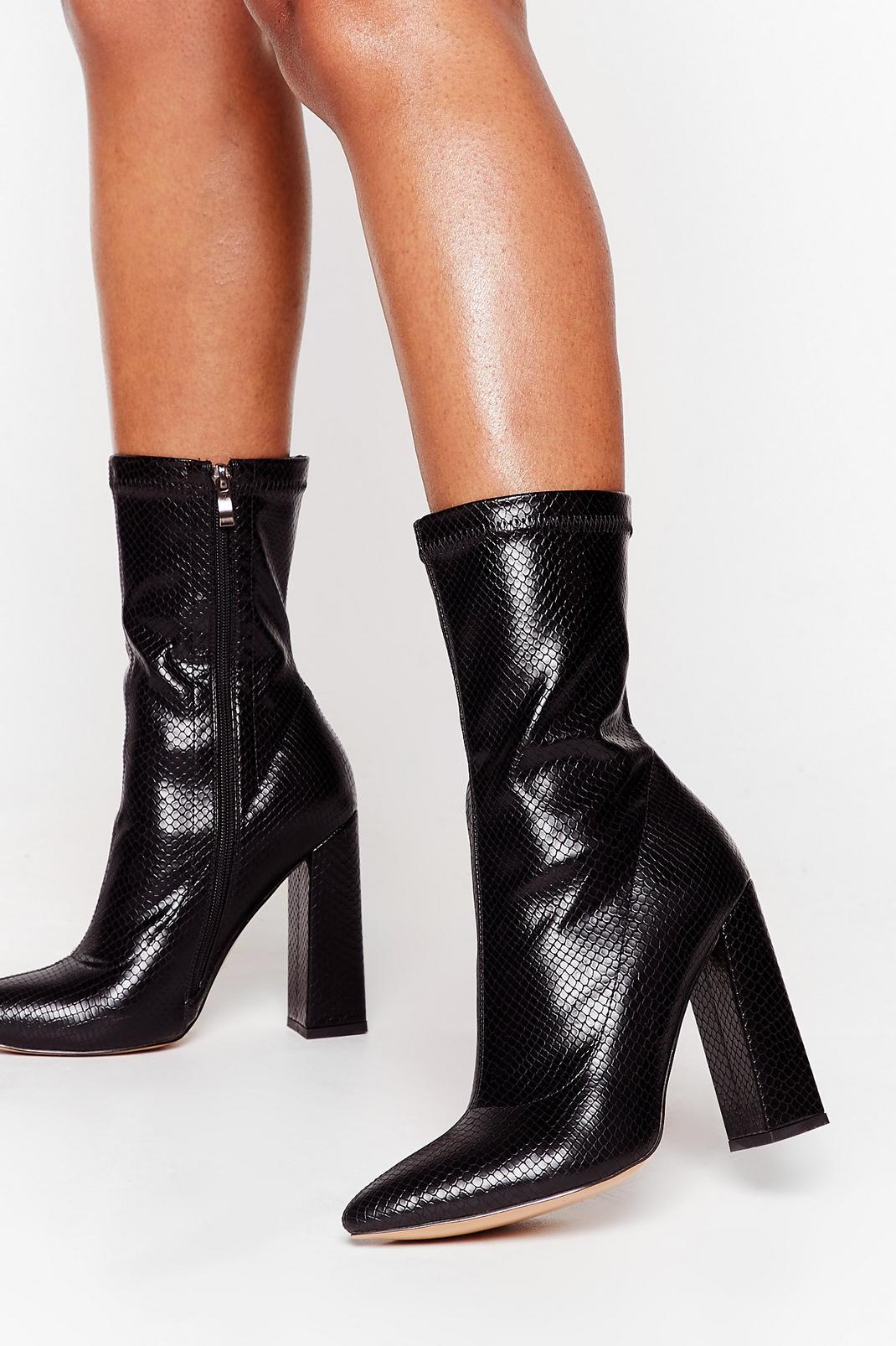 Snake My Heart Away Faux Leather Heeled Boots image number 1