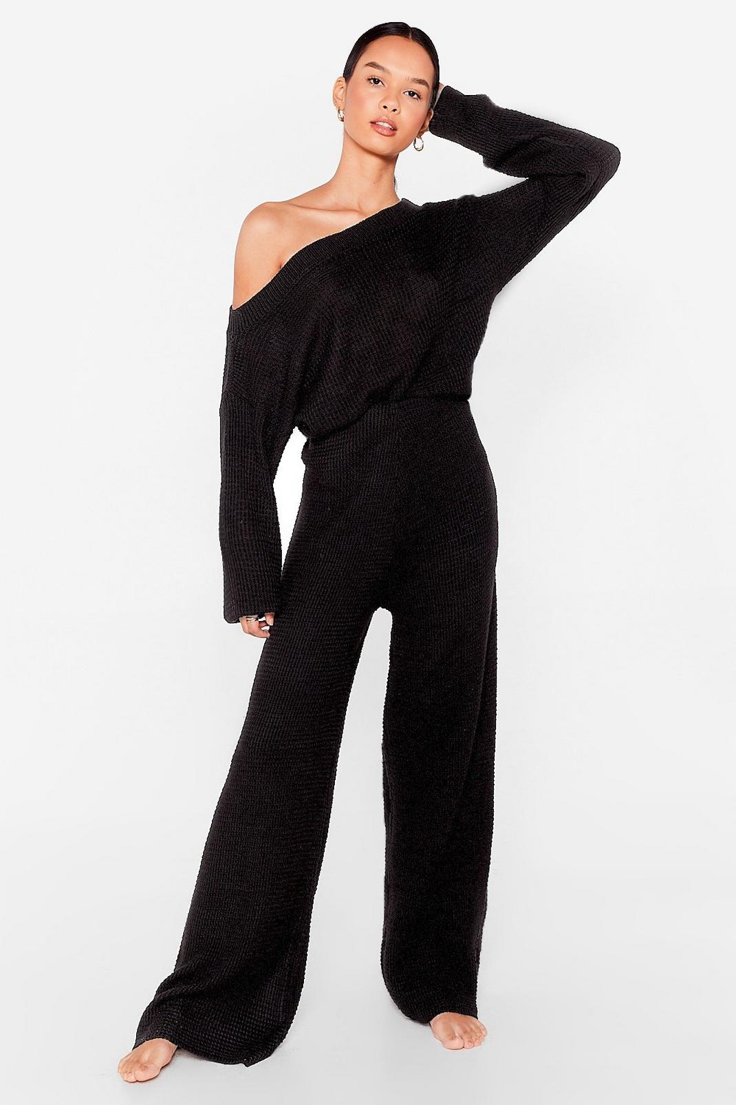 Black Waffle Knit Jumper and Trousers Set image number 1