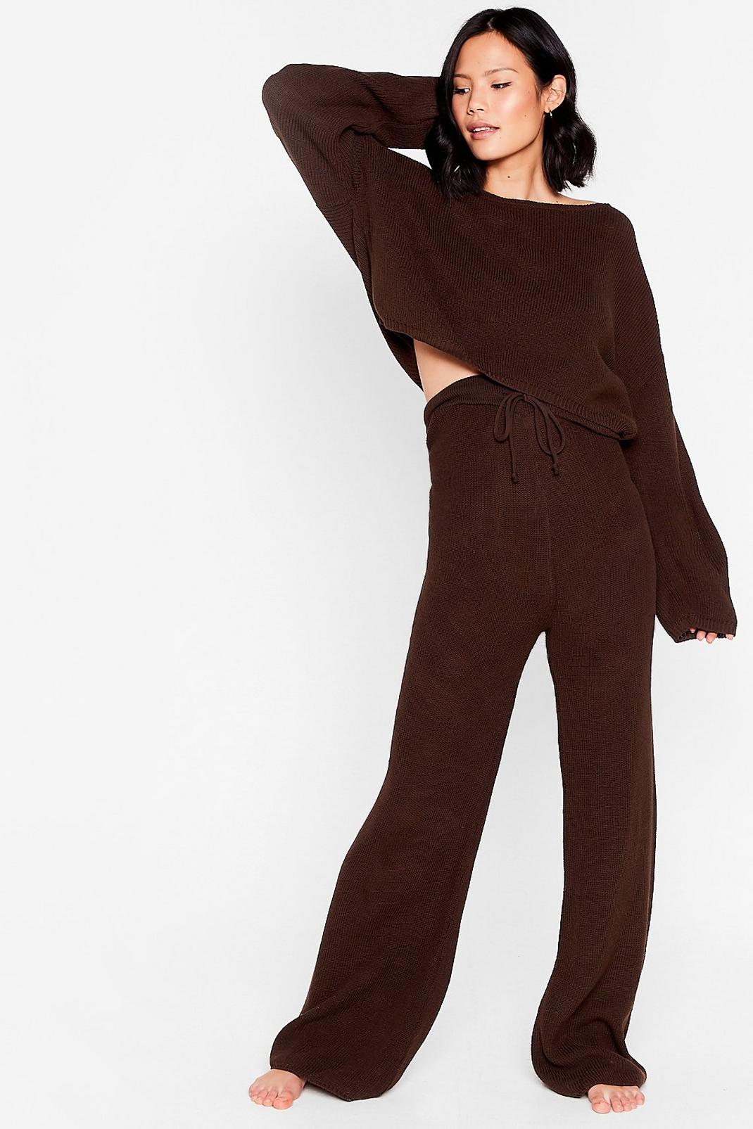 Chocolate Knit Crop Sweater and Wide Leg Pants Set image number 1