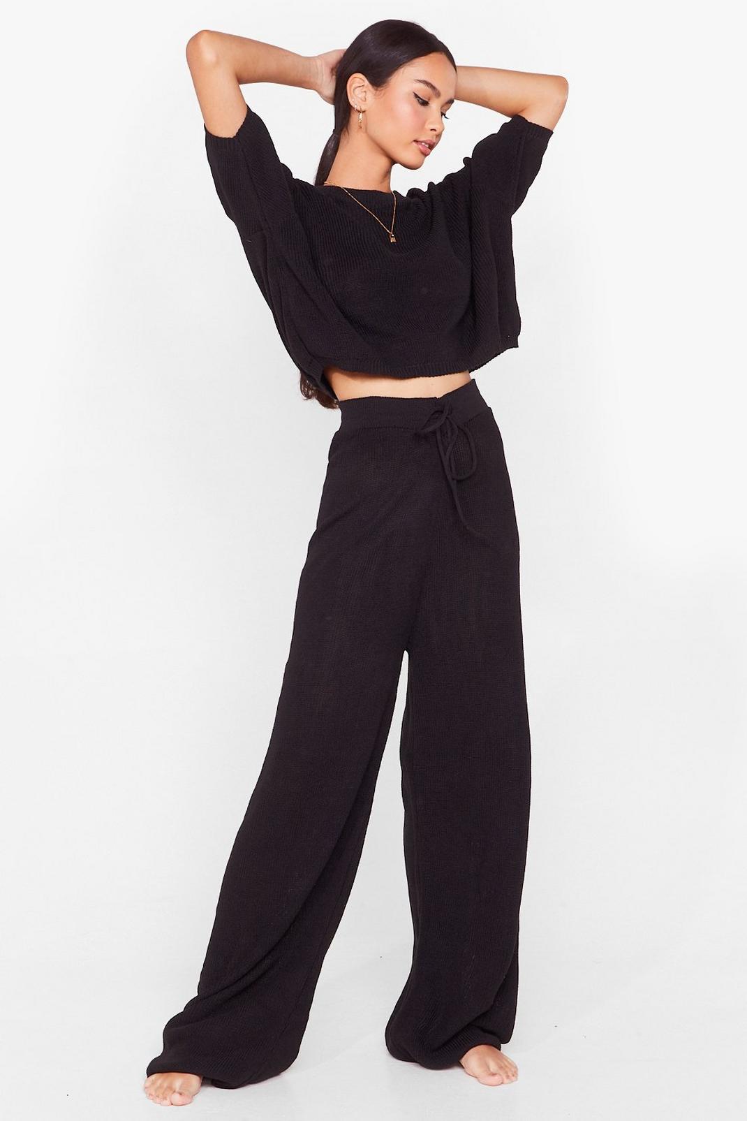 Black Knit Short Sleeve Sweater and Pants Set image number 1