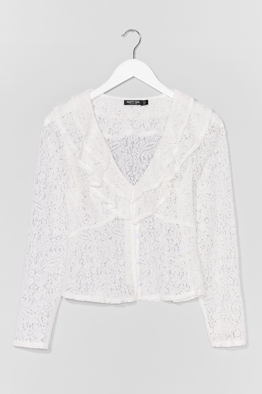 White Know Your Lace V-Neck Ruffle Blouse image number 1