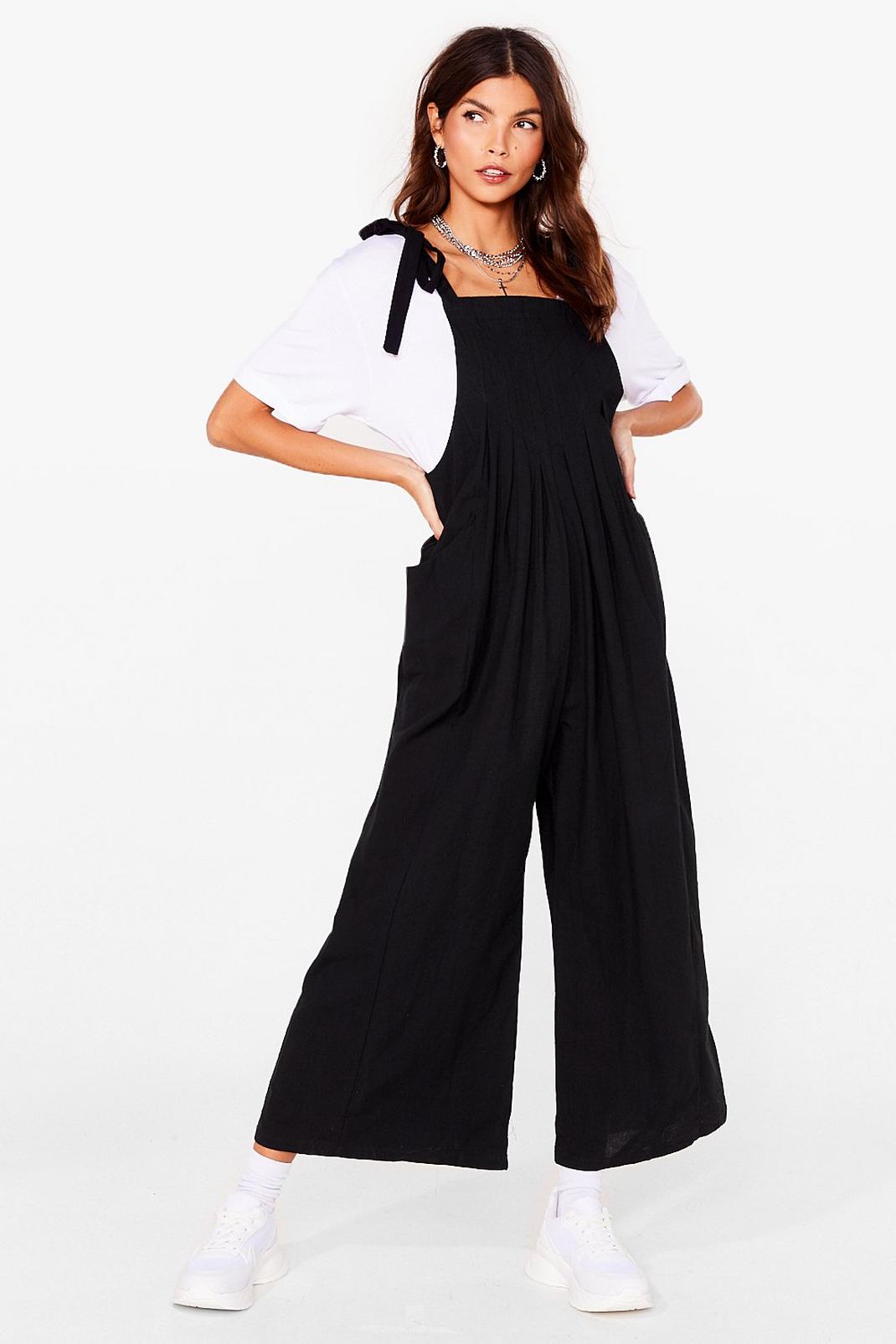 Black Pleated Wide Leg Overalls image number 1
