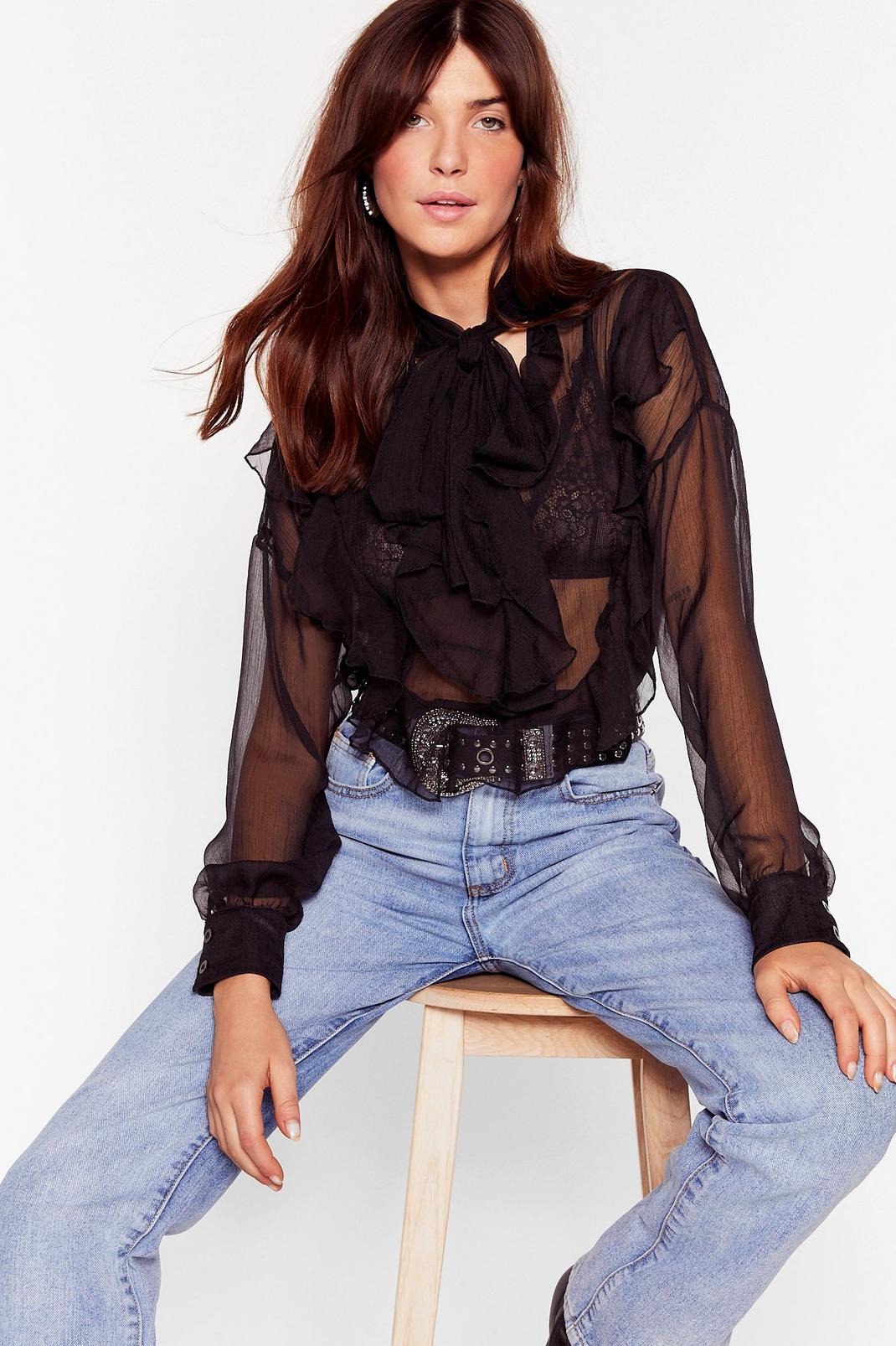 Black I See You Sheer Ruffle Blouse image number 1