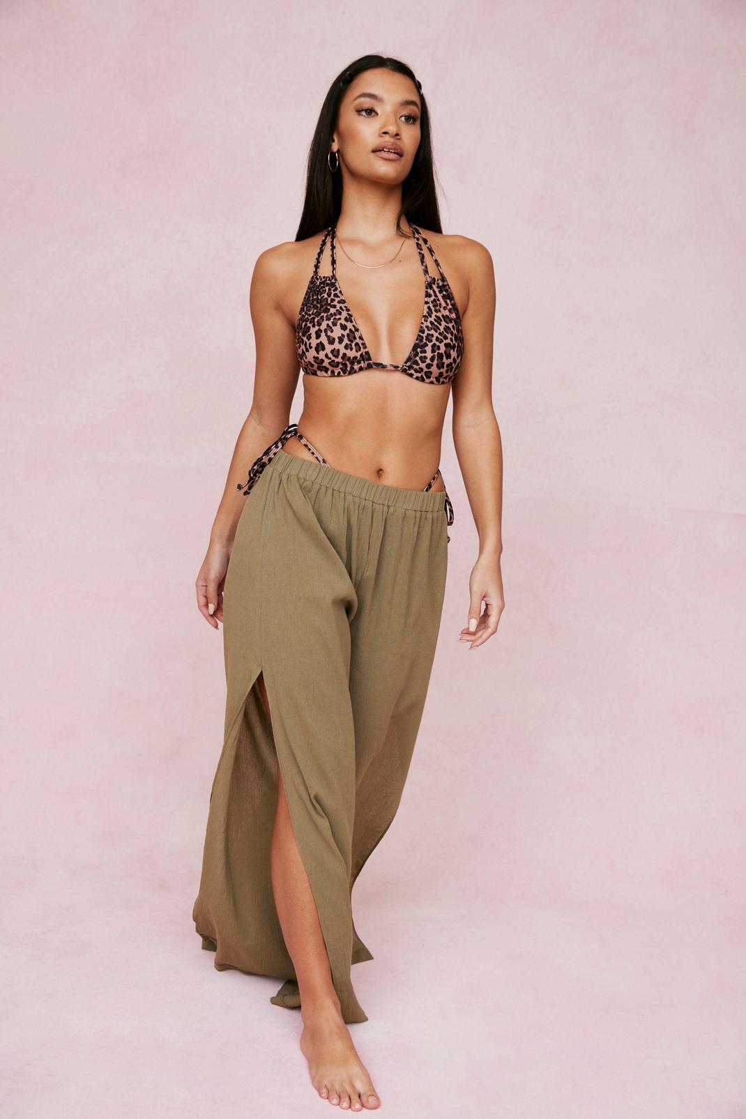 Khaki Crinkle Slit Wide Leg Cover Up Trousers image number 1