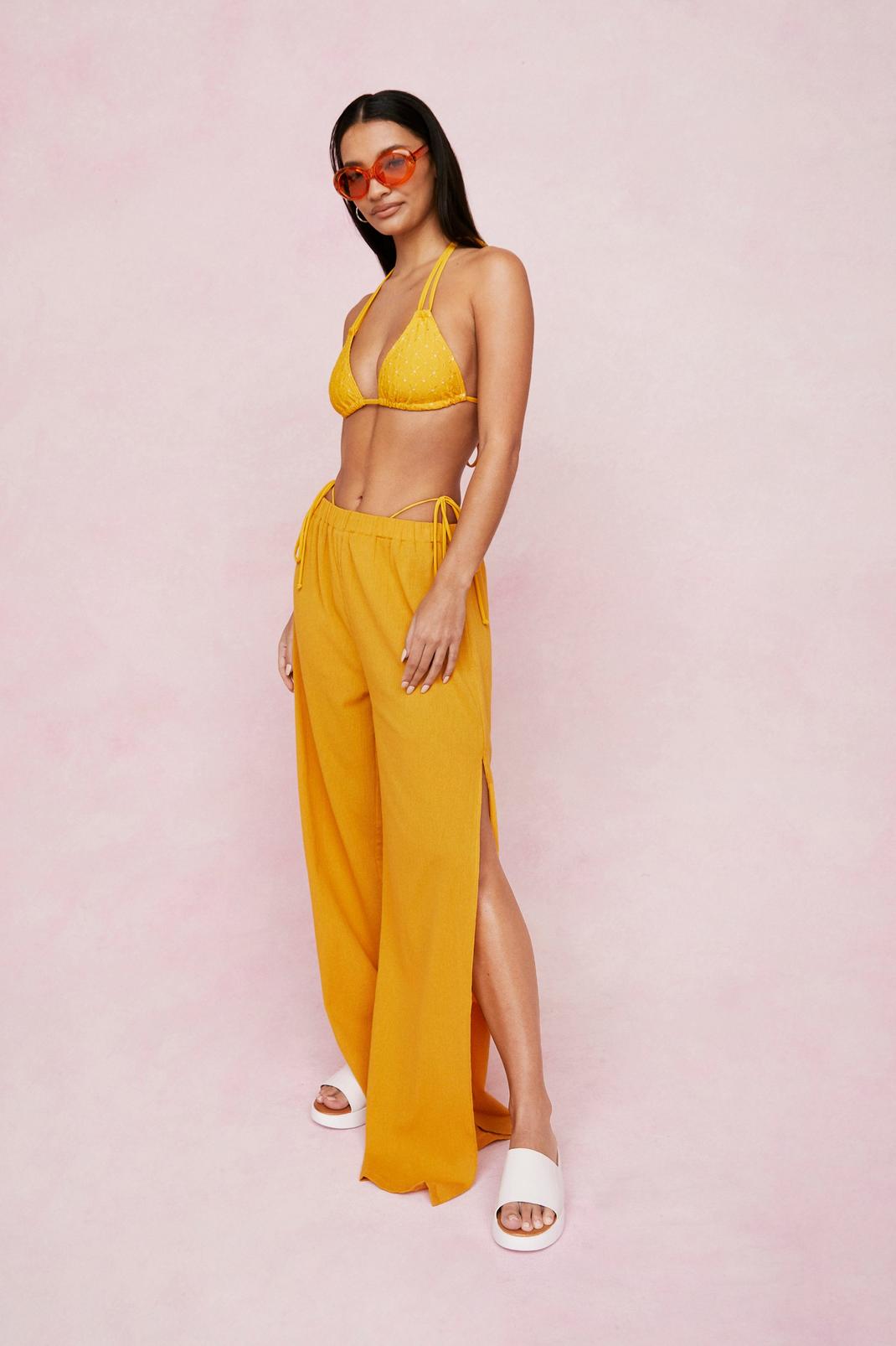 Mustard Crinkle Slit Wide Leg Cover Up Trousers image number 1