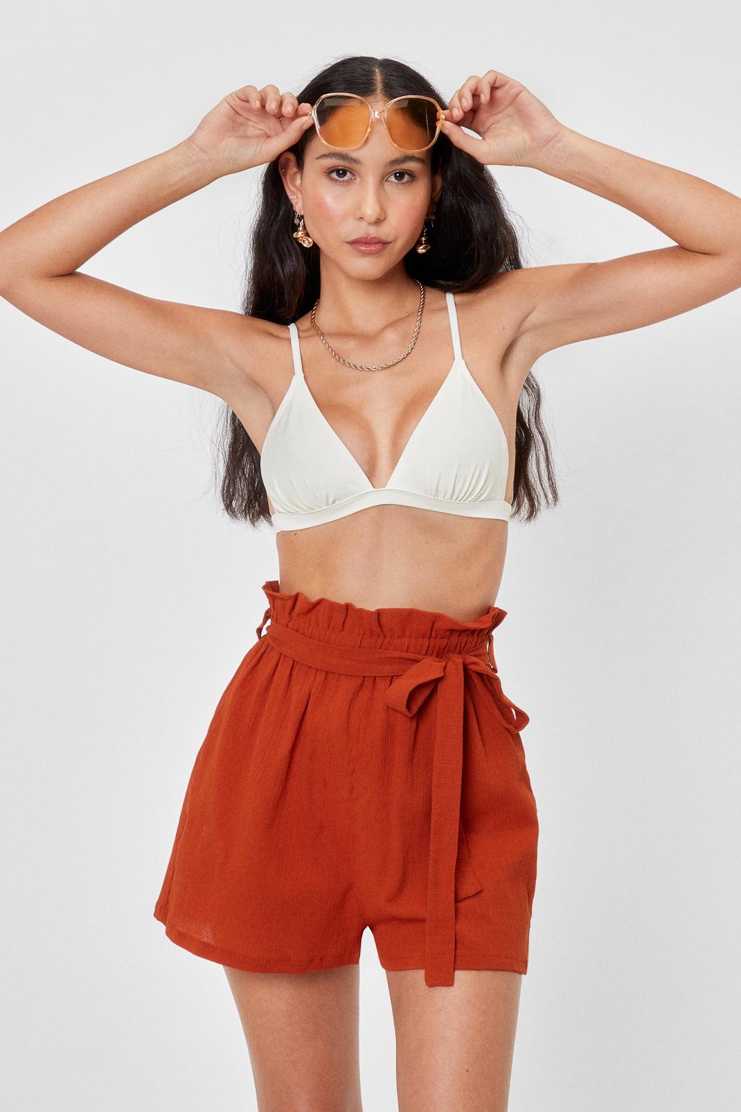 Rust Paperbag Belted Beach Cover Up Shorts image number 1