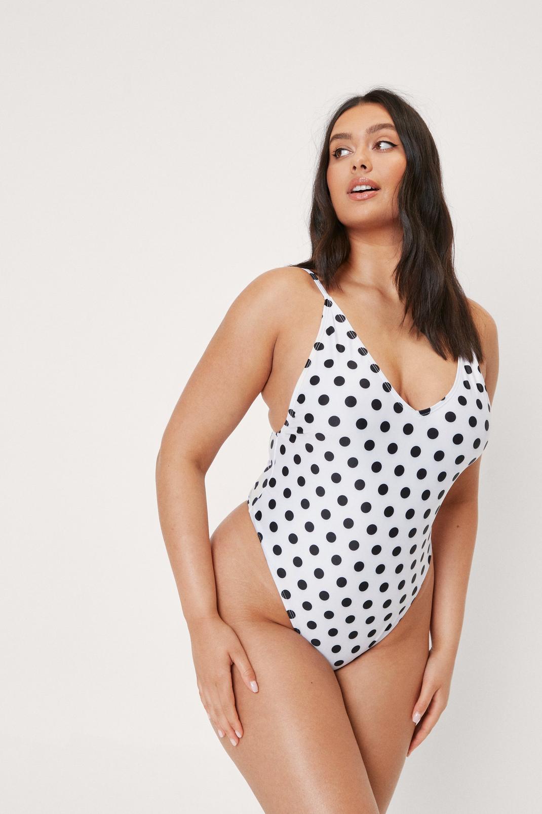 White Plus Size High Leg Polka Dot Swimsuit image number 1