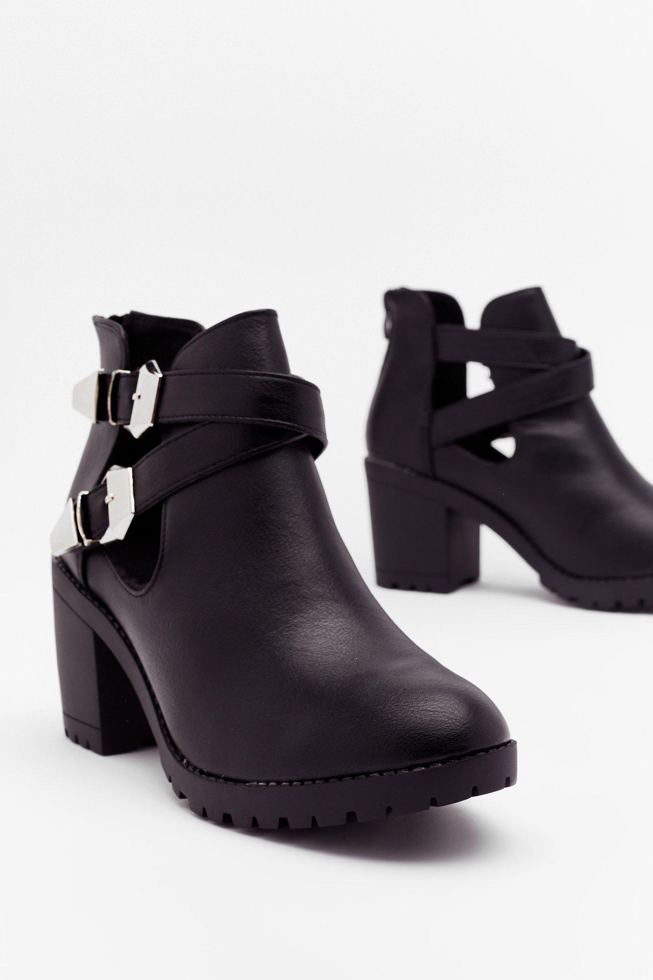 Buckle strap heeled boots sales