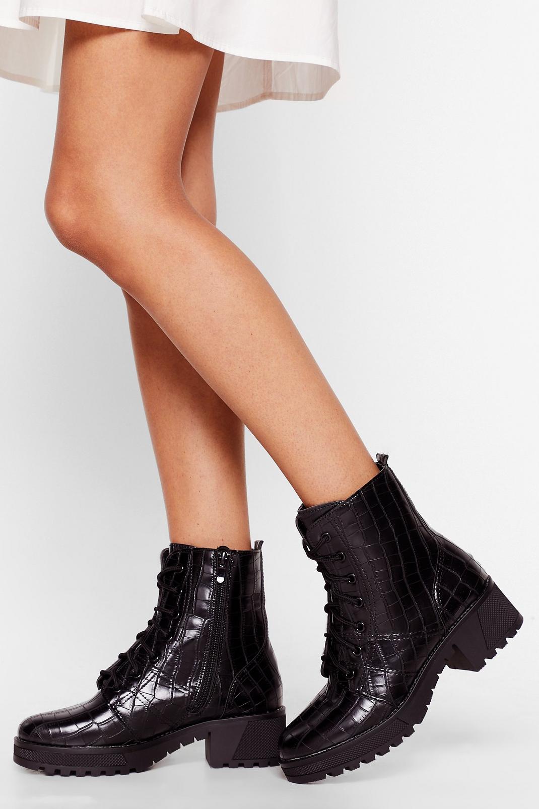 It's Croc Over Patent Faux Leather Biker Boots image number 1