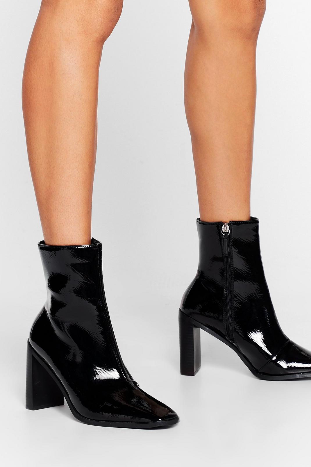 Black Let Me Patent You a Picture Heeled Ankle Boots image number 1