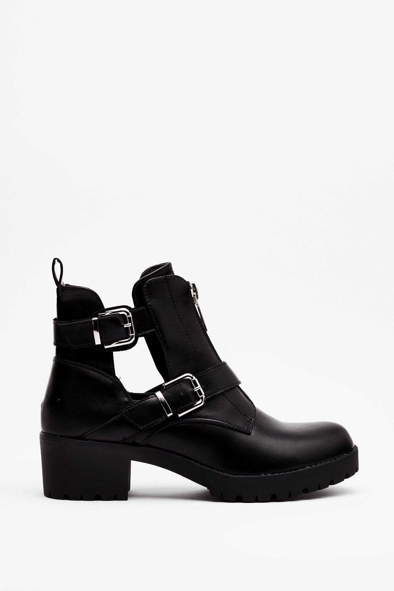 Booties with shop buckles and cutouts