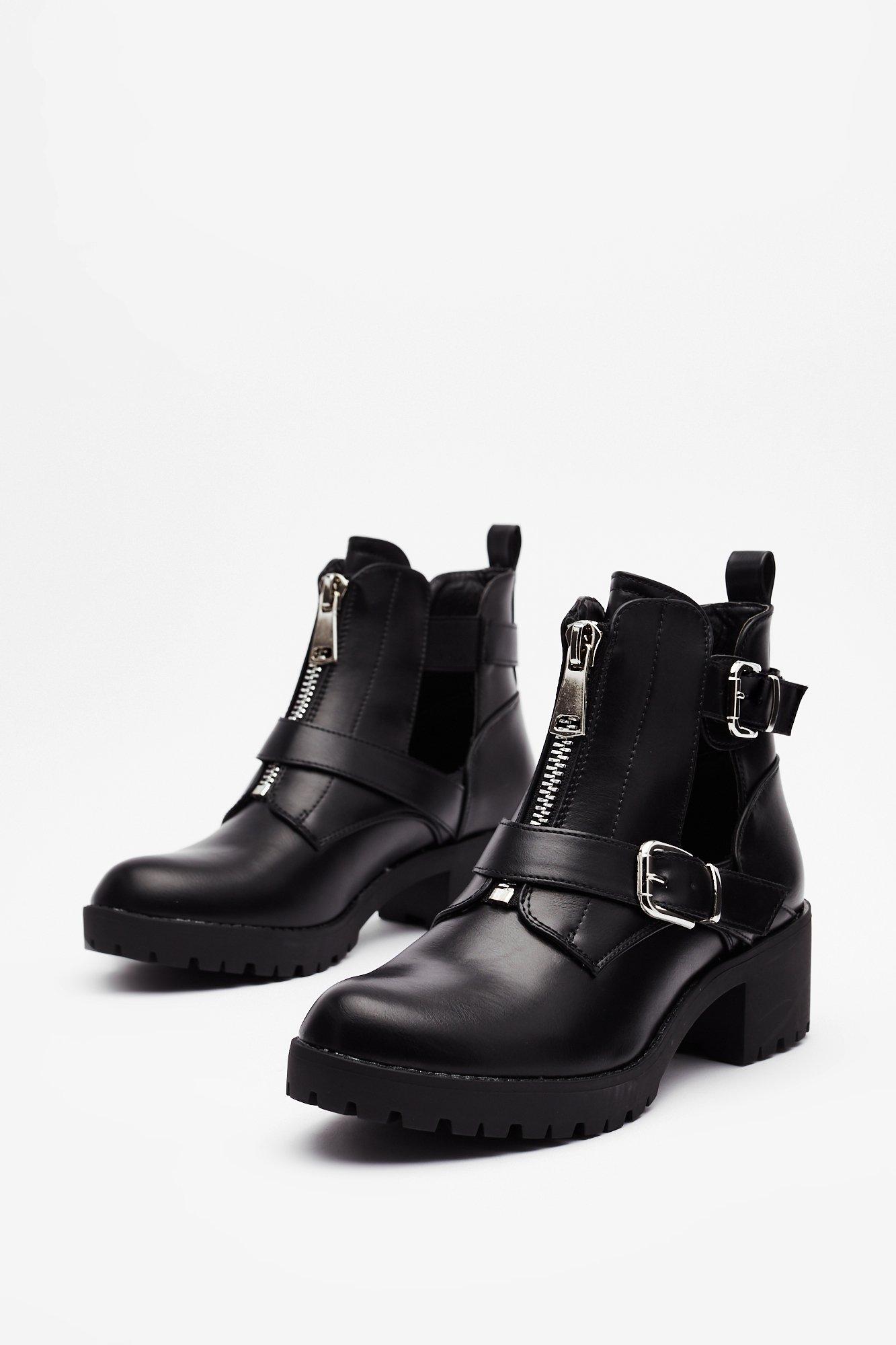 Booties with store buckles and cutouts