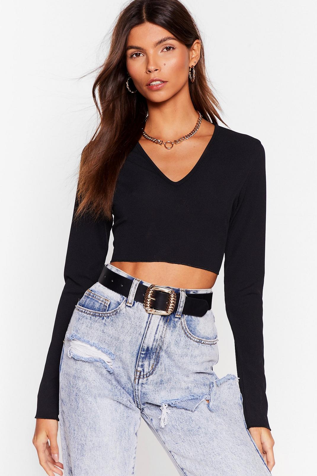 Black V Know the Score Ribbed Crop Top image number 1