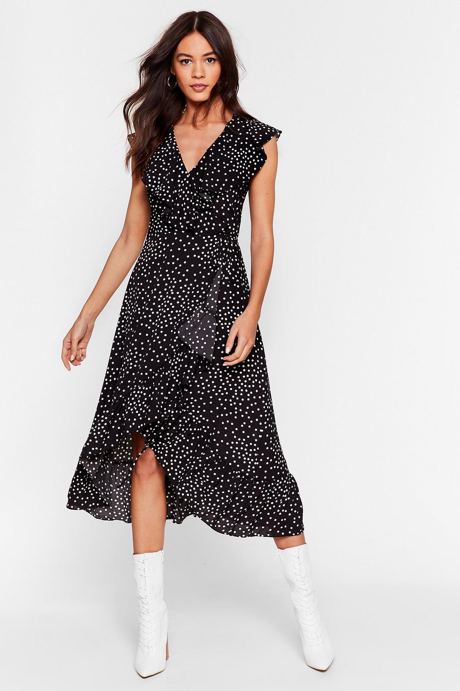 Polka Dot V Neck Wrap Midi Dress | Nasty Gal