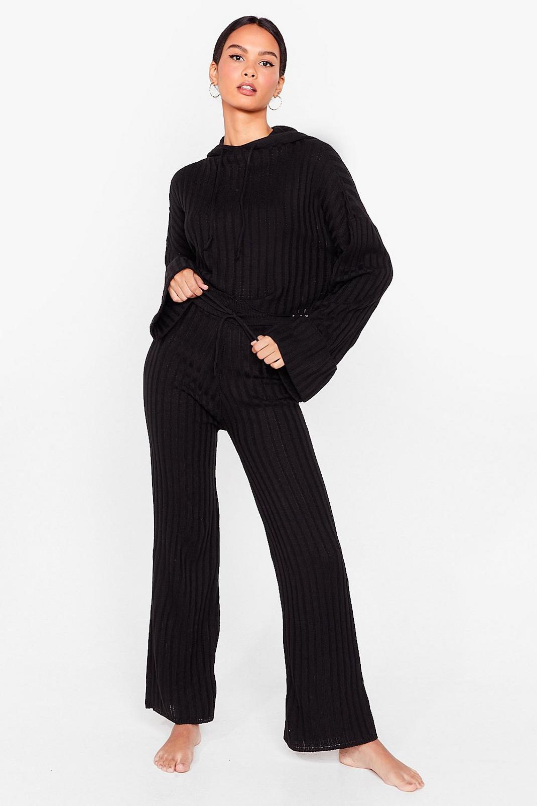 Black Casual Ribbed Hoodie and Trousers Lounge Set image number 1