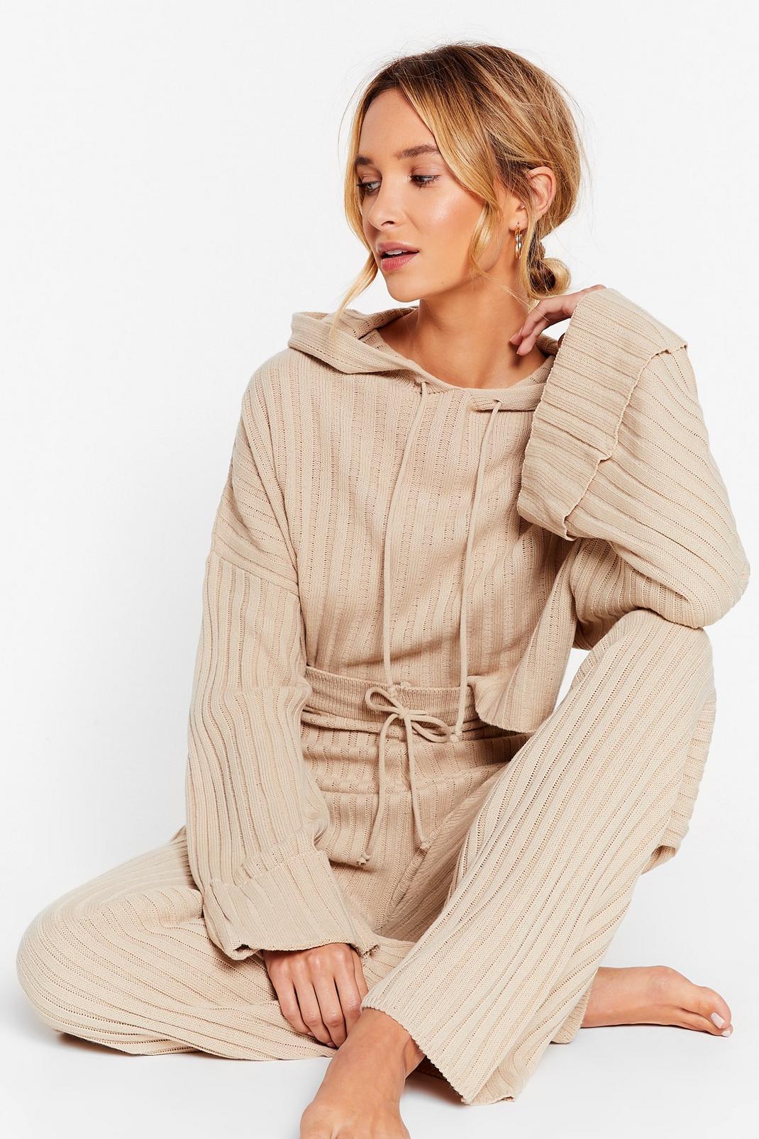Oatmeal Casual Ribbed Hoodie and Pants Lounge Set image number 1