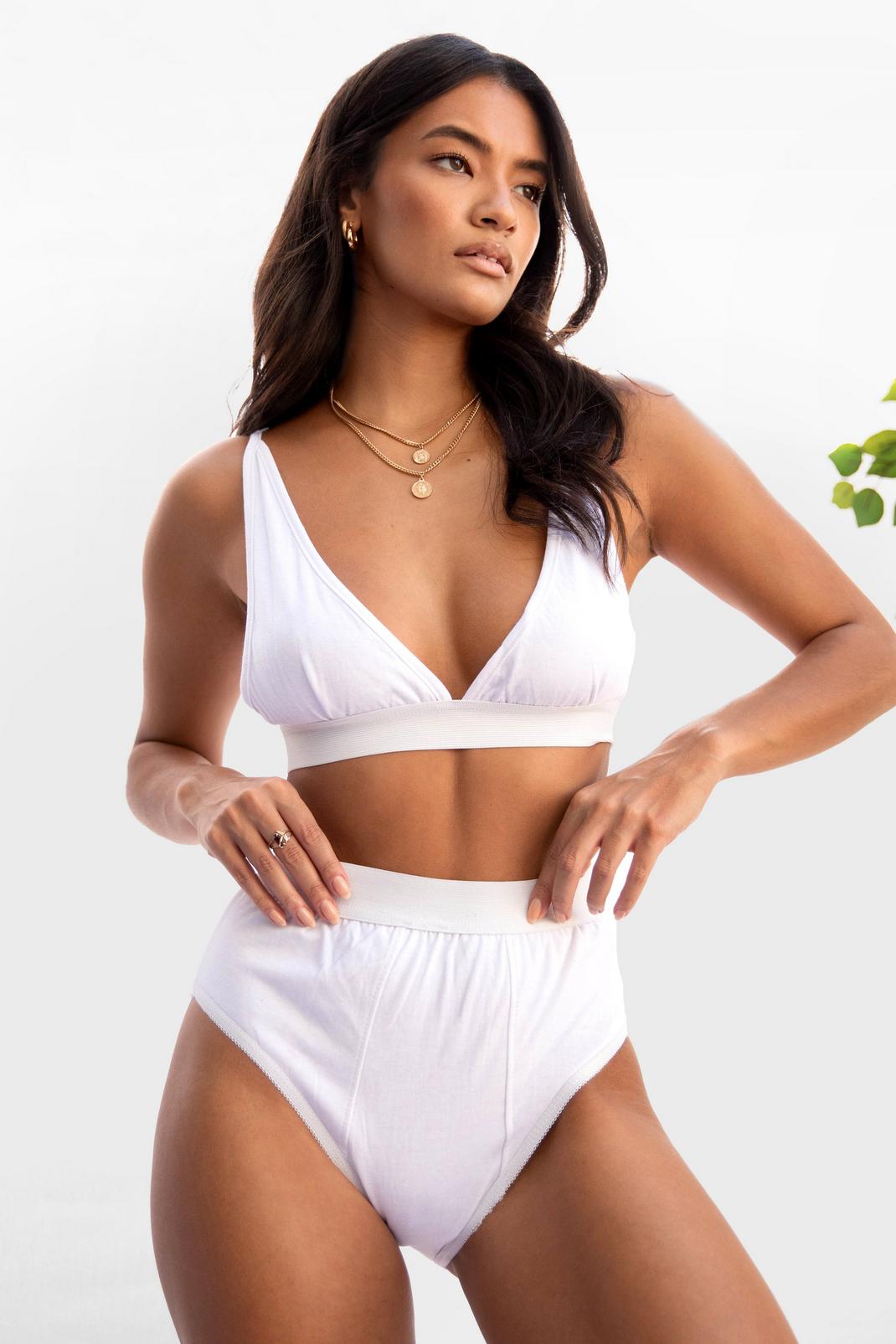 White Plunge Bralette And High Waisted Panty Set image number 1