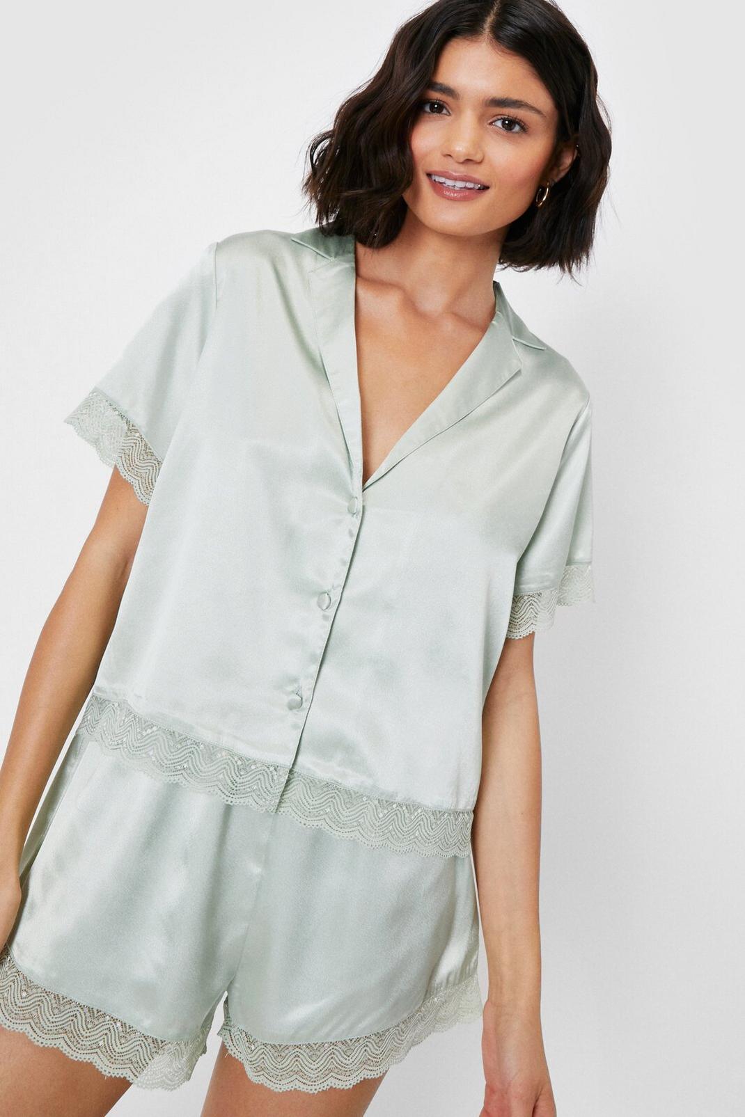 Green Satin Lace Trim Shirt and Short Pajama Set image number 1