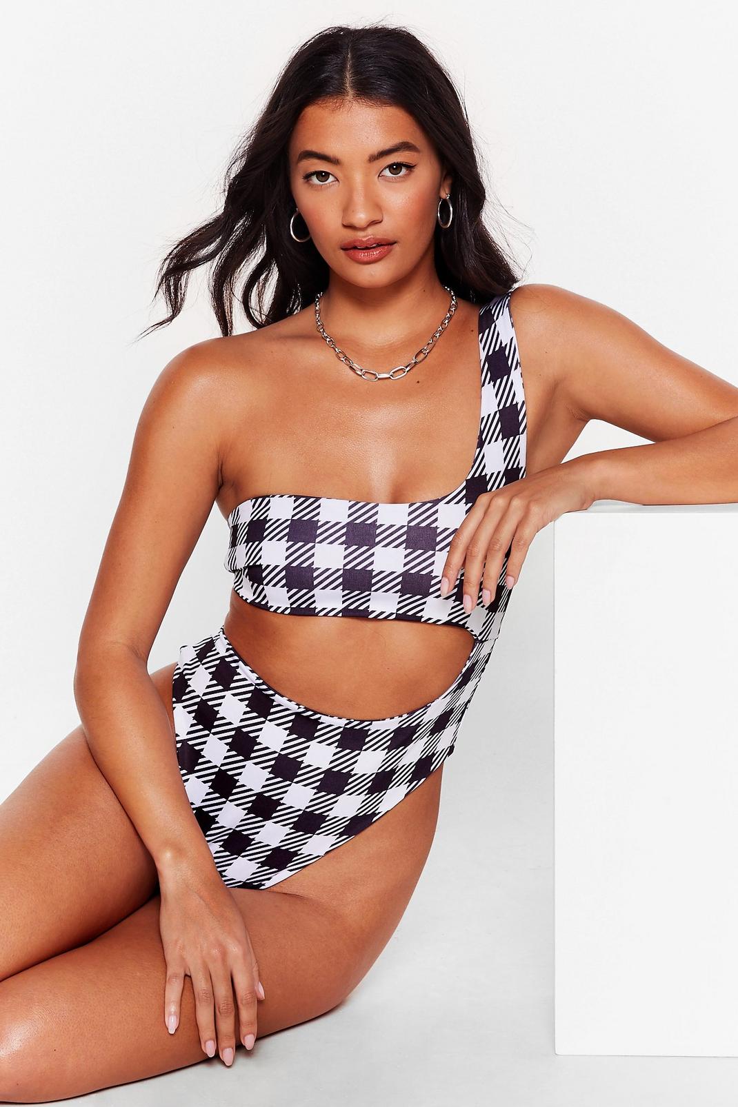 Houndstooth Our Happy Place One Shoulder Swimsuit image number 1