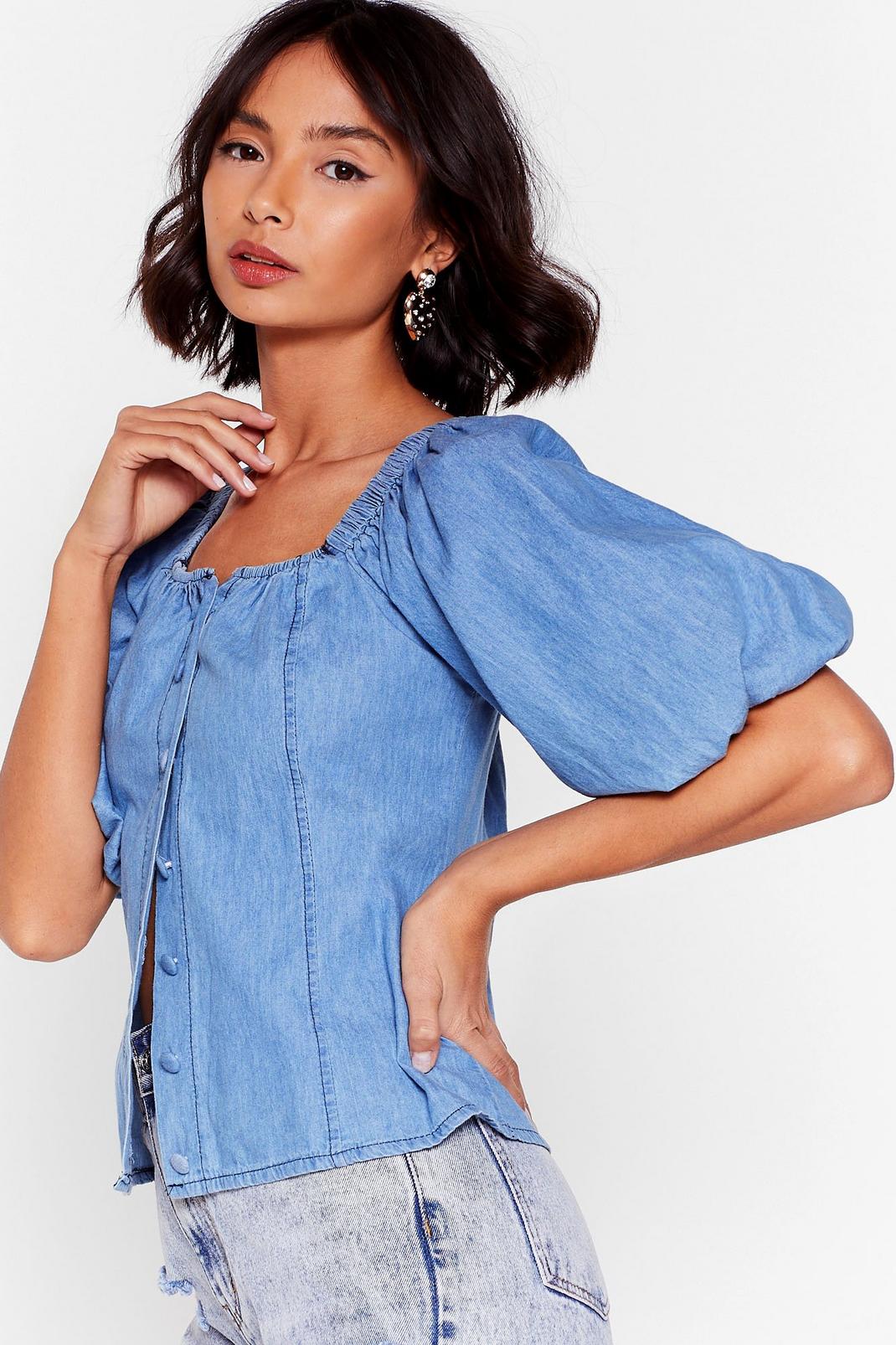 You Know Wash to Do Denim Puff Sleeve Top image number 1