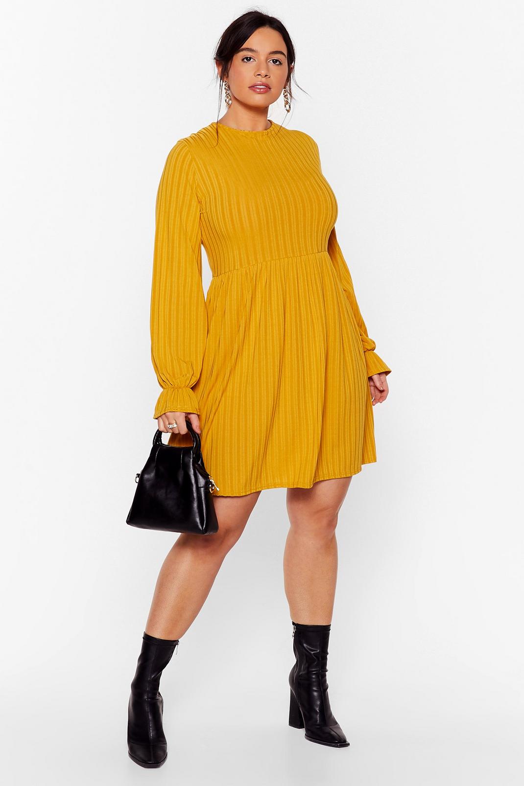 Mustard Plus Size Ribbed Mini Skater Dress image number 1