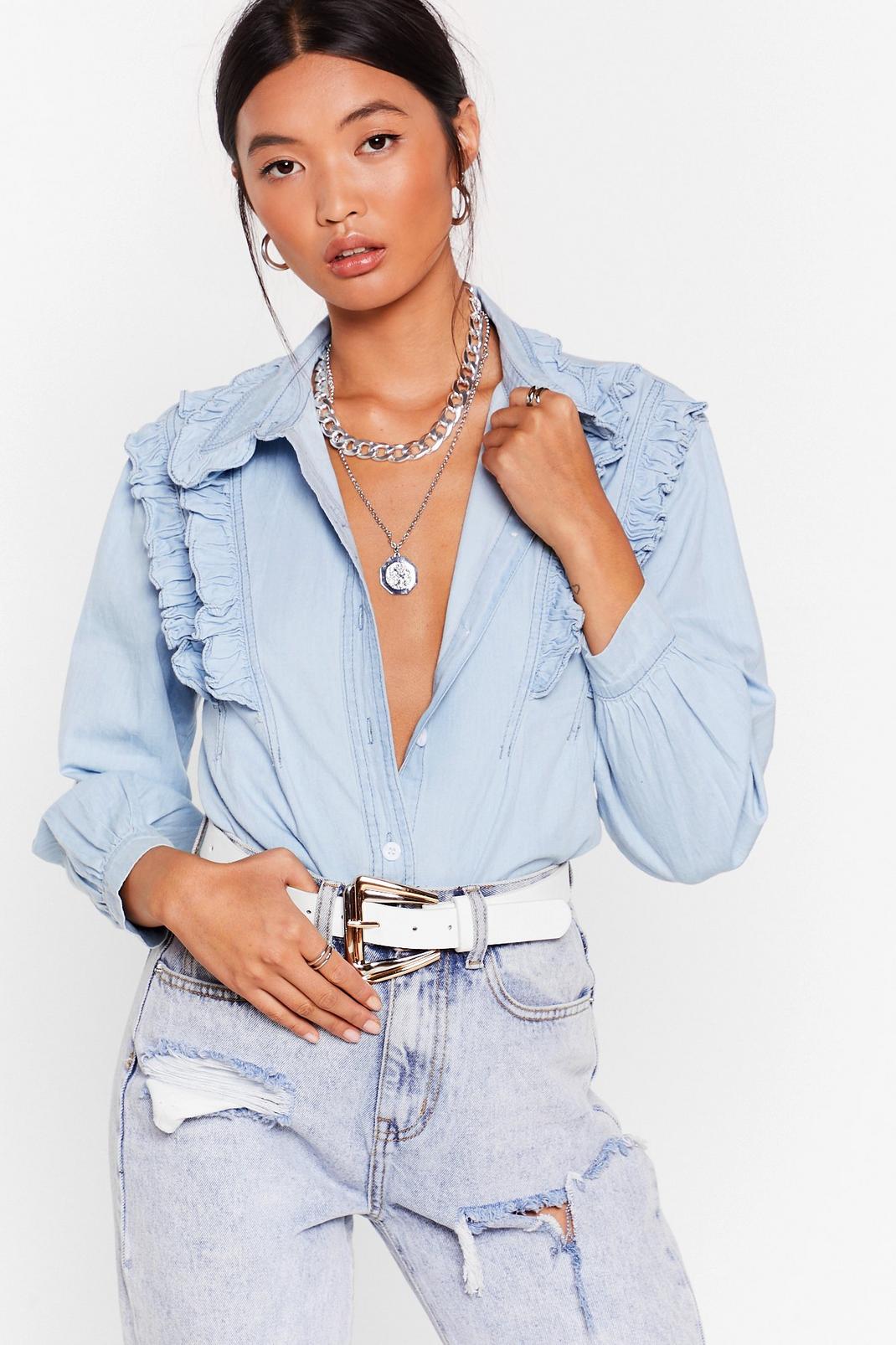 Blue You're in Ruffle Denim Shirt image number 1