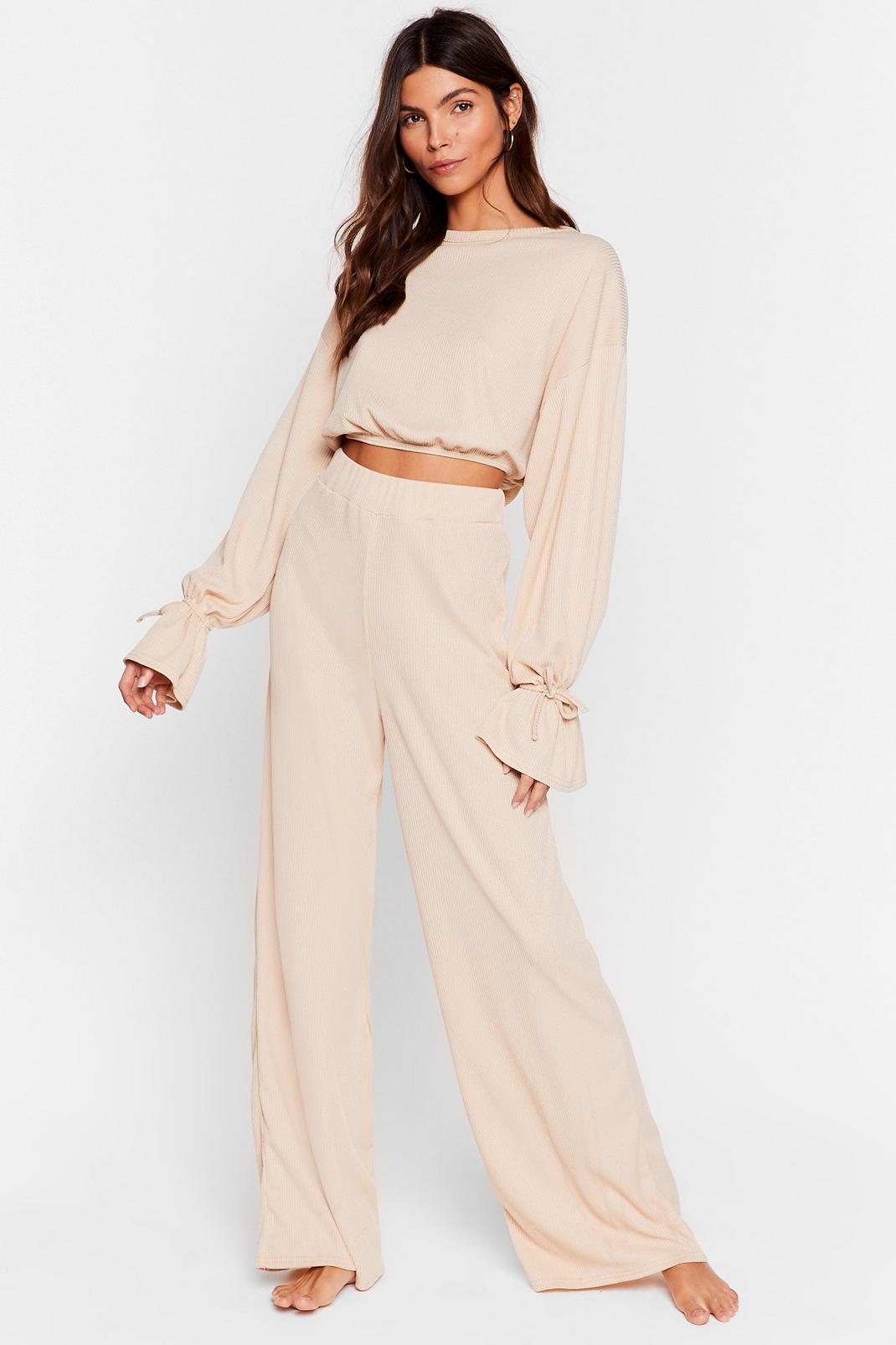 Cream Crop Top and Wide Leg Pants Lounge Set image number 1