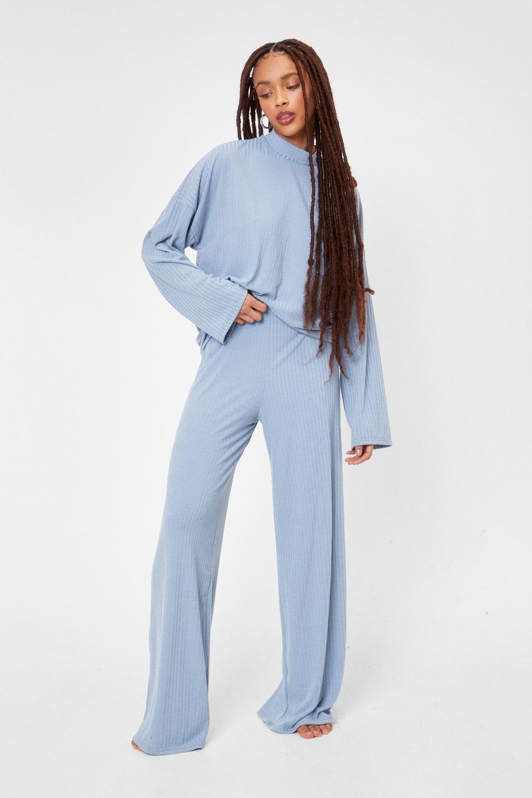 Dusty blue Ribbed Top and Pants Lounge Set image number 1