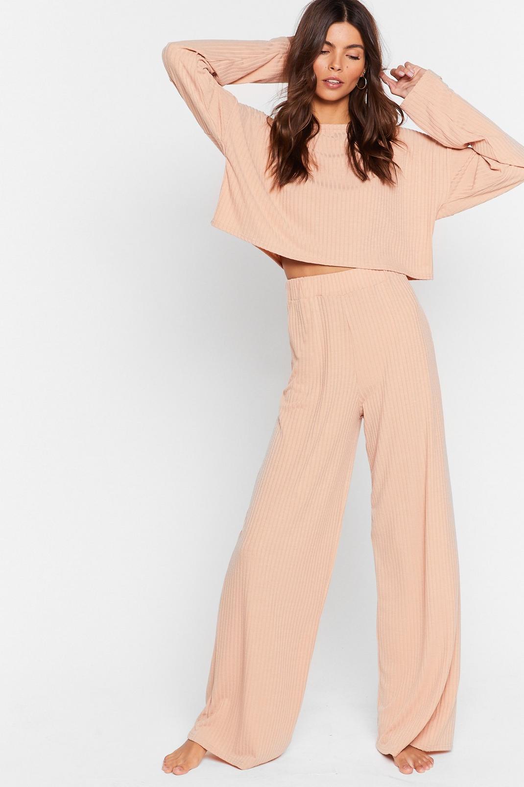 Oatmeal Ribbed Top and Wide Leg Trousers Lounge Set  image number 1