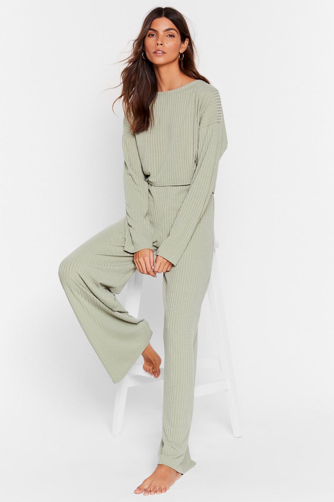 Sage Ribbed Top and Wide Leg Trousers Lounge Set  image number 1