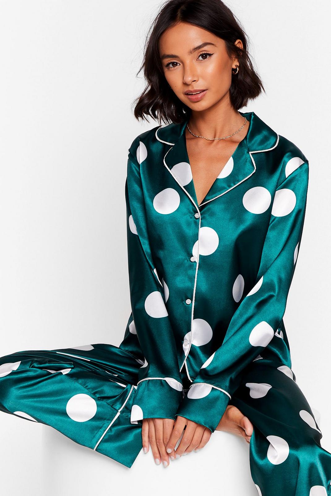 Emerald Polka Dot Satin Pants Pyjama Set image number 1