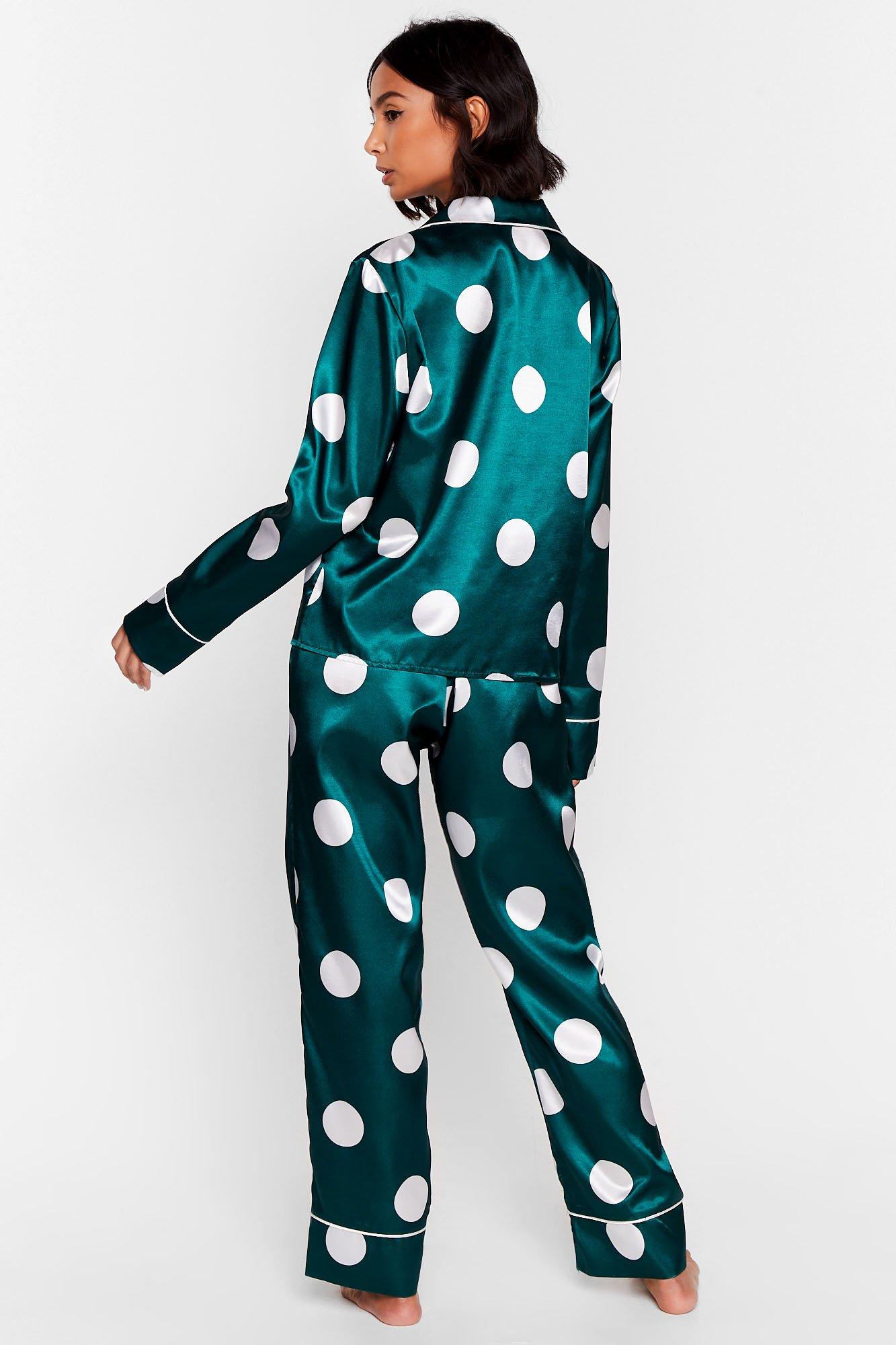 Grianlook Women Silk Pajama Set Nightwear Pj Set Polka Dot Shirt