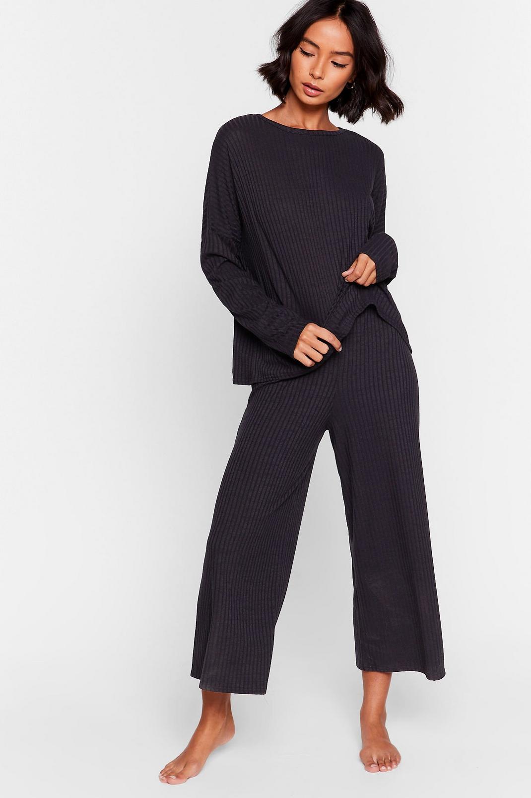 Black Ribbed Top and Culotte Trousers Lounge Set  image number 1