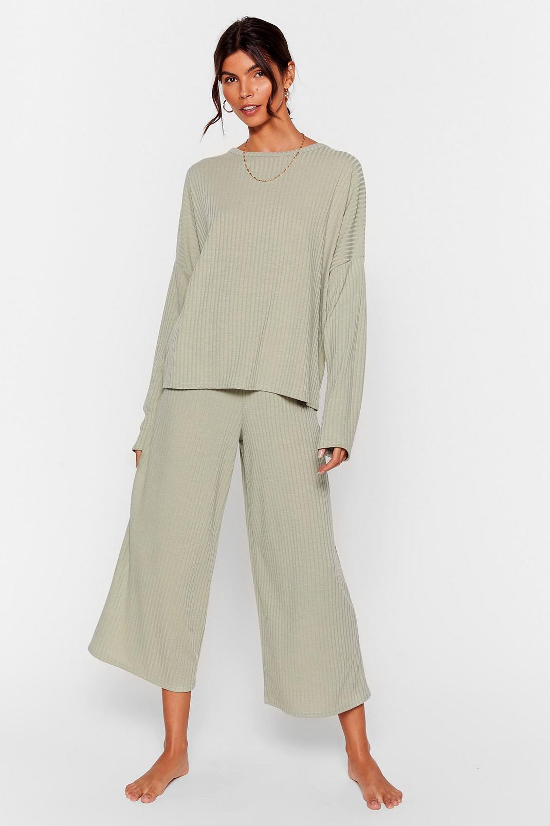 Sage Recycled Ribbed Top and Culotte Pants Lounge Set image number 1