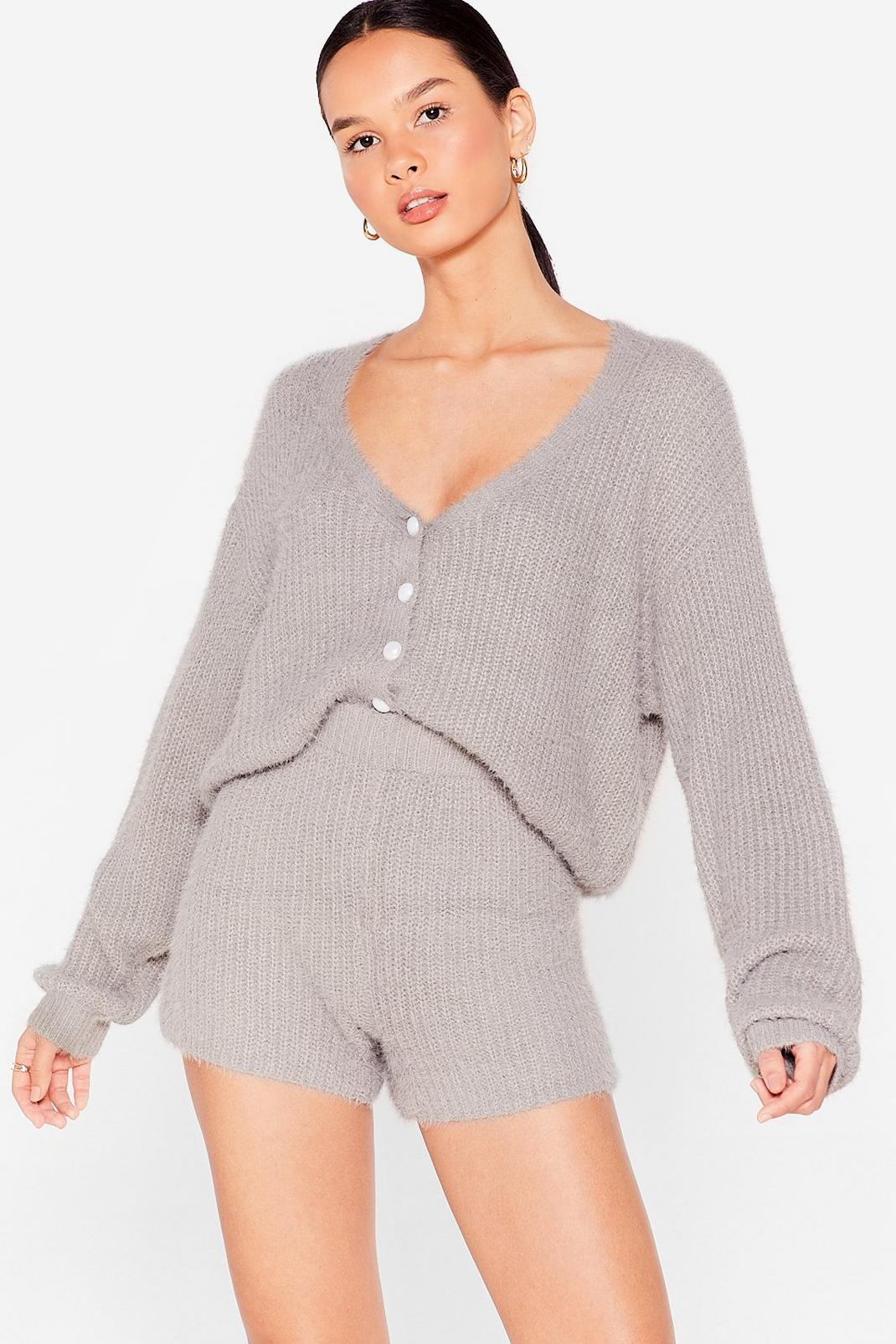 Grey Fluffy Knit Pearl Button Lounge Set image number 1