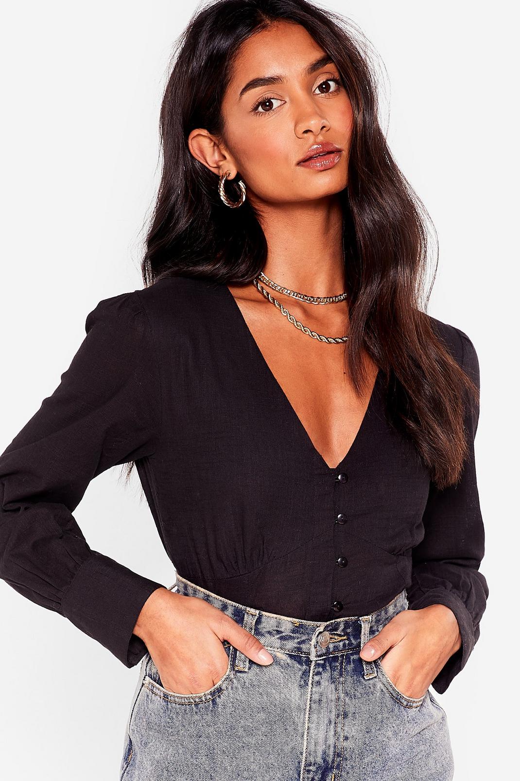 Black Linen What They Want V-Neck Cropped Blouse image number 1