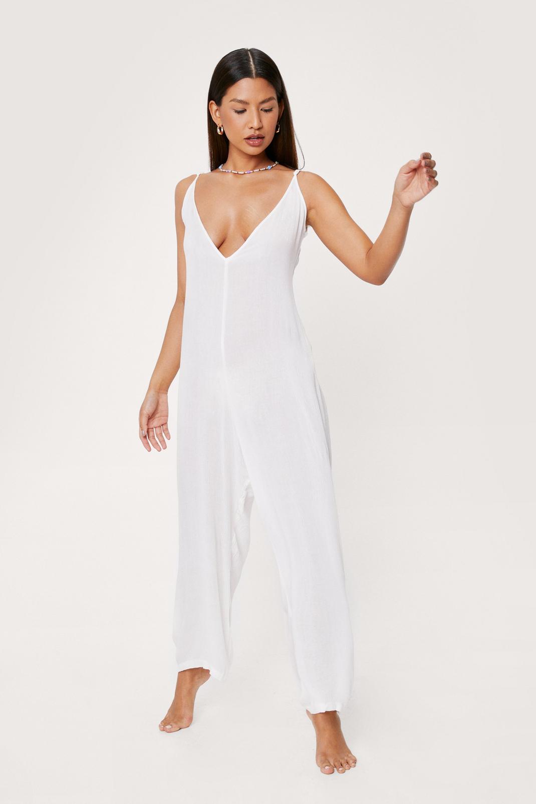 Cream Scoop Back Crinkle Beach Cover Up Jumpsuit image number 1