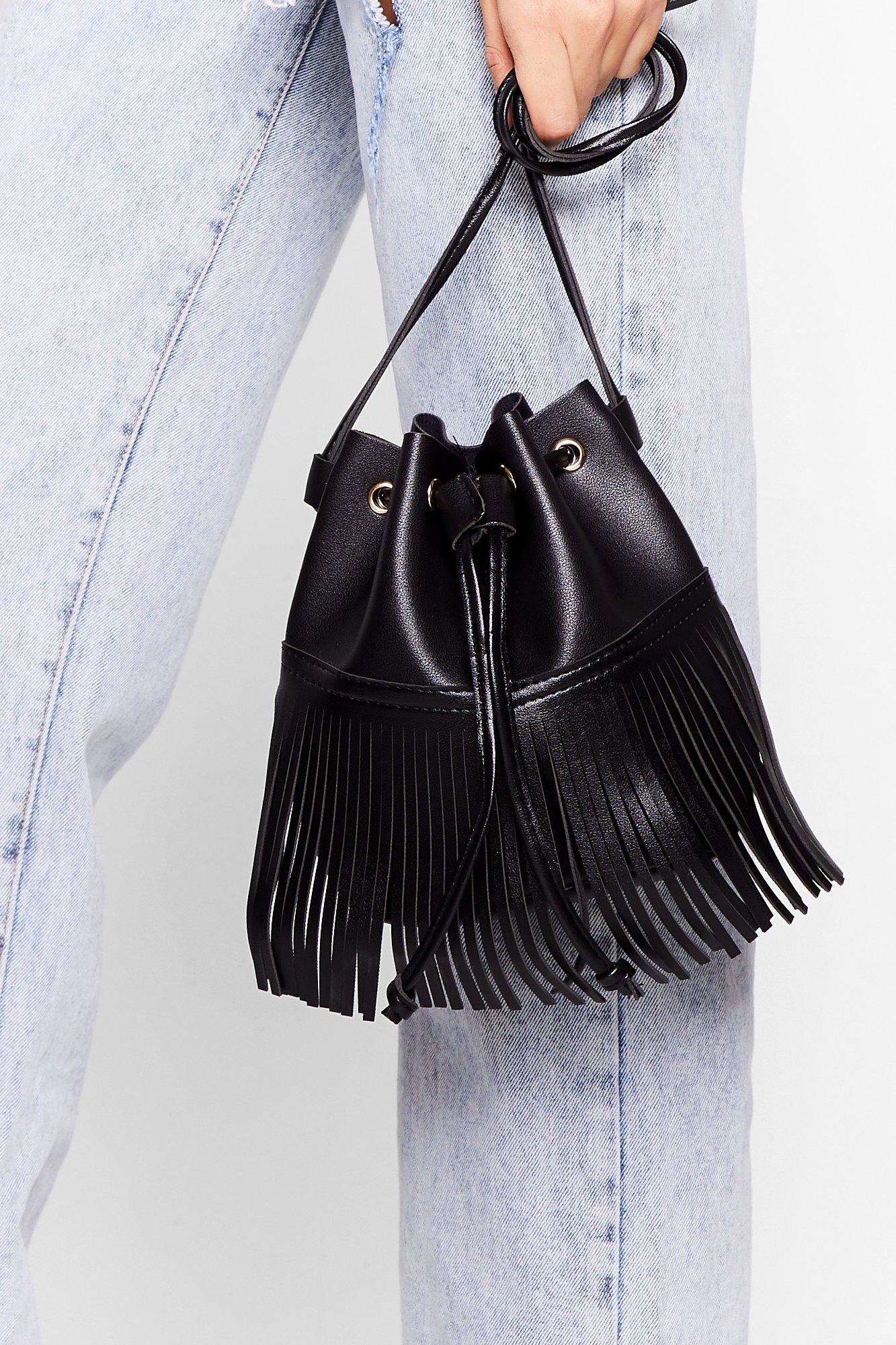 Faux Leather Fringe Bucket Crossbody Bag