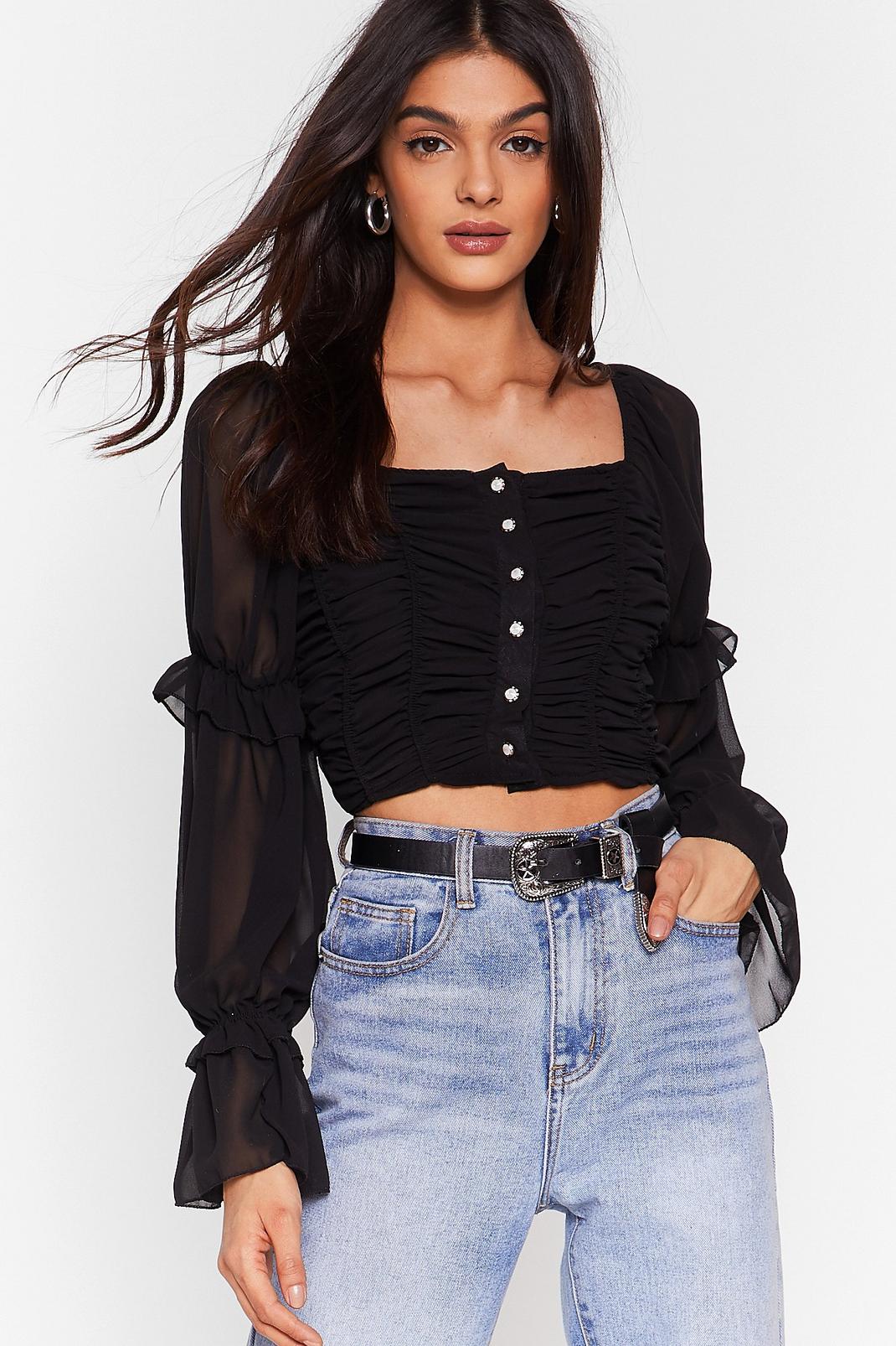 Chiffon Ruched Long Sleeve Crop Top image number 1