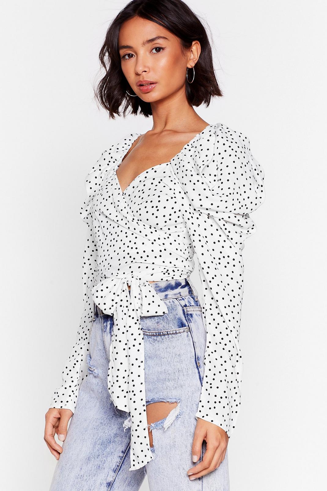 White Polka Dot Puff Sleeve Cropped Blouse image number 1