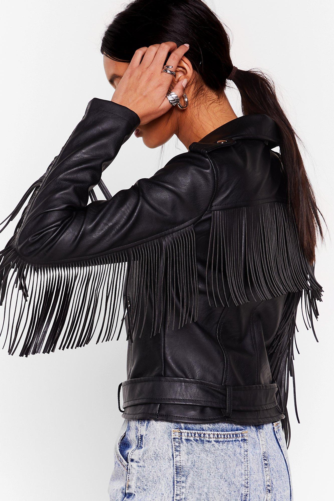 leather jacket with fringe sleeves