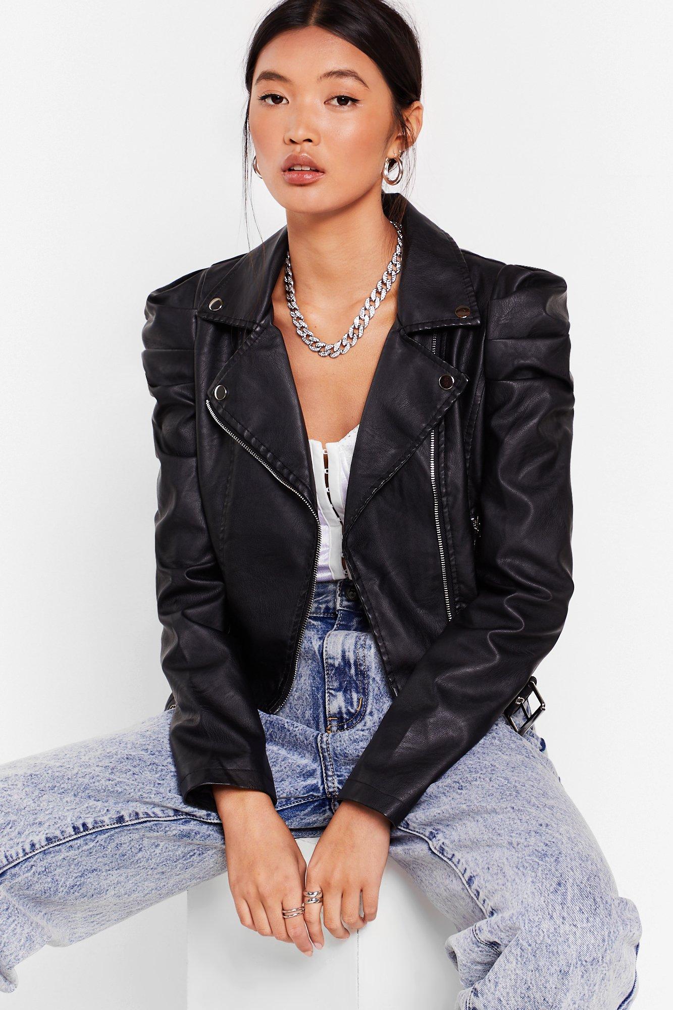 leather jacket with puff sleeves