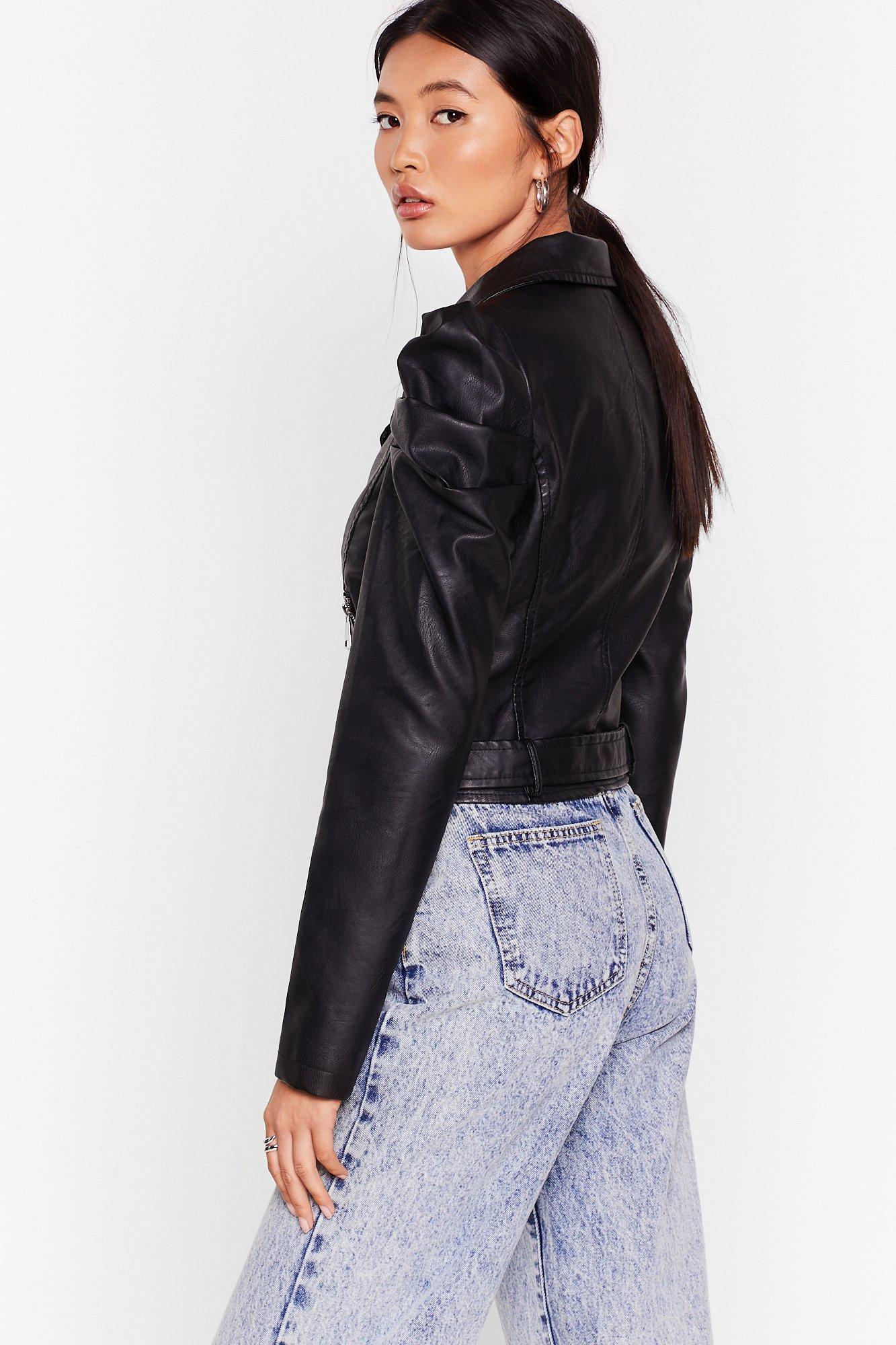 faux leather puff sleeve jacket