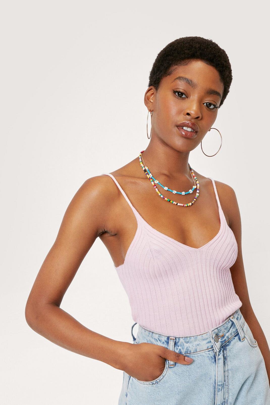 Pastel pink Strappy Ribbed Knit Tank Top image number 1